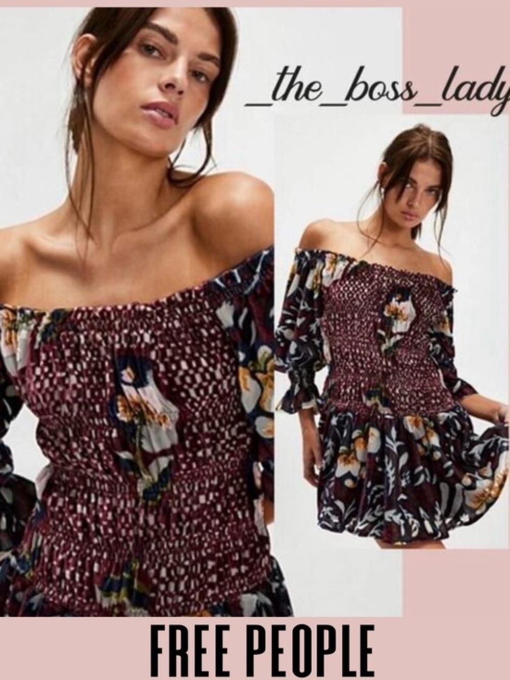 Free People mini dress floral pleated smocked velvet off-the-shoulder XS